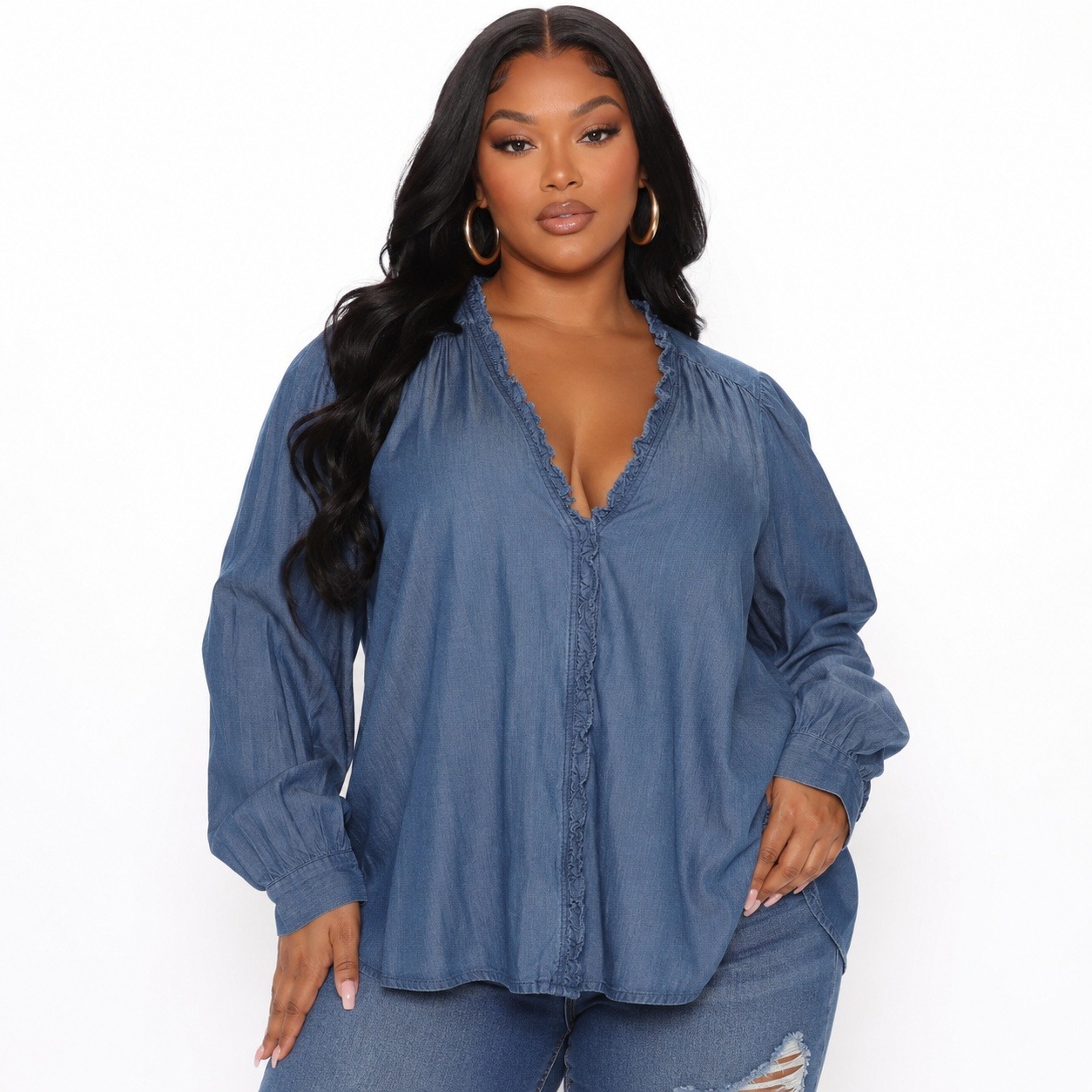 Pale Sky Francine Button Down Blouse Blue Lyocell Denim Ruffle V-Neck 3x New